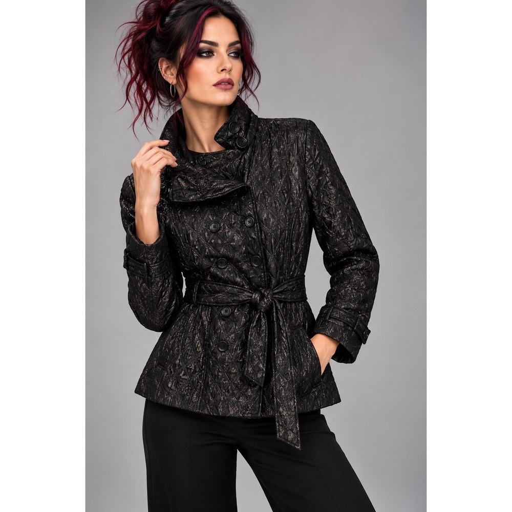 Chico's 1 (6/8) Black Textured Metallic Jacket Belted Button Front